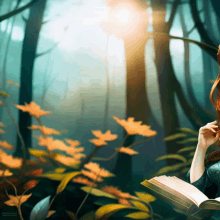 a painting of a woman reading a book in the forest