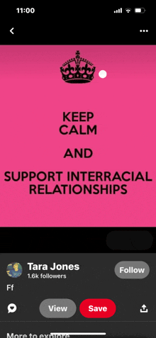 a phone screen shows a poster that says " keep calm and support interracial relationships "