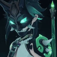 a cartoon character with green eyes and horns is holding a sword and a necklace .