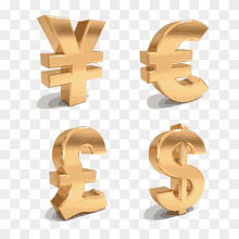 gold currency symbols on a checkered background including a dollar sign