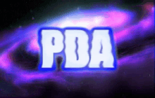 the word pda is on a purple background with a galaxy in the background .