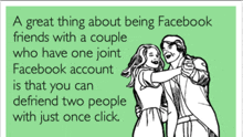 a cartoon of a man and woman hugging with the caption a great thing about being facebook