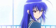 a blue haired anime girl with red eyes is looking over her shoulder .