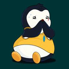 a cartoon penguin with tears coming out of its eyes