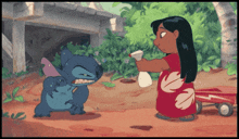 a cartoon of lilo and stitch spraying each other