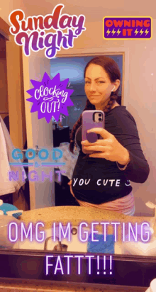 a woman is taking a selfie in front of a mirror with a sunday night sticker on it