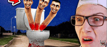 a man wearing glasses stands in front of a bloody toilet with three faces on it