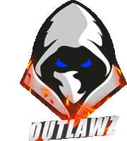 a logo for outlawz shows a hooded figure with blue eyes