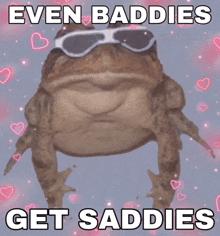 a frog wearing sunglasses with the words even baddies get saddies below it