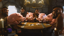 a group of pigs sitting around a wooden table playing cards .