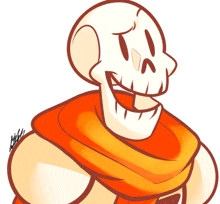 a cartoon drawing of a skeleton with a scarf around his neck