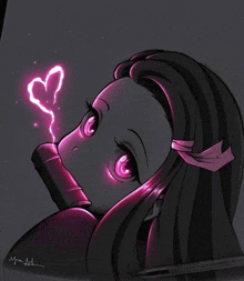 a drawing of a girl with glowing eyes and a heart in her mouth