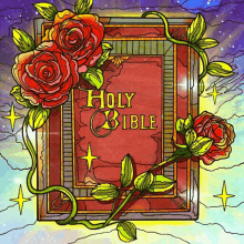 a stained glass painting of a holy bible with roses and stars