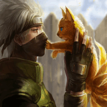 a painting of a man petting a cat with the letter o on his face