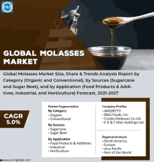 an advertisement for global molasses market shows a spoon full of liquid