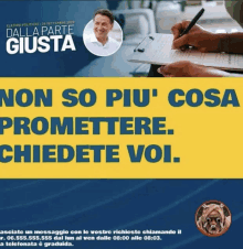 a poster for dalla parte giusta shows a man writing on a clipboard with a pen