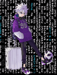 a boy wearing a purple number 99 hoodie is standing next to a suitcase