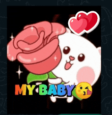 a cartoon of a cat holding a rose with the words `` my baby '' written below it .