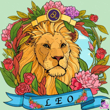 an illustration of a lion surrounded by flowers and leaves with the word leo on a blue ribbon