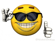 a cartoon smiley face wearing sunglasses is giving a thumbs up .