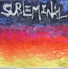 a painting of a sunset with the word sureminal written in white