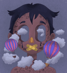 a cartoon drawing of a person with balloons and clouds around their face