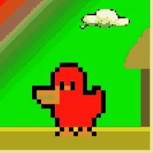 a pixel art of a red duck with a cloud in the sky