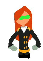 a cartoon character with red hair is wearing a black jacket and green goggles