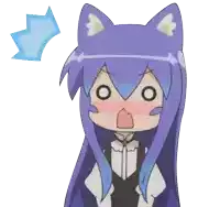 a cartoon girl with blue hair and cat ears looks surprised