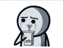 a stick figure crying while drinking from a cup that says süt on it