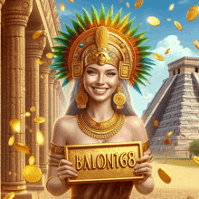 an illustration of a woman holding a gold bar that says balon168