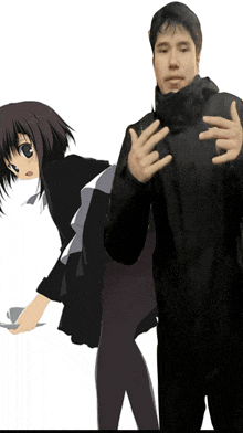 a man in a black jacket stands next to a girl in a school uniform