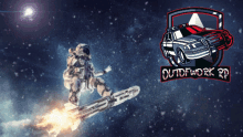 a logo for outofwork rp shows an astronaut riding a rocket