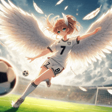 a girl with angel wings and the number 7 on her jersey