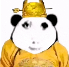 a panda bear wearing a yellow shirt and a golden hat .