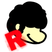 a cartoon drawing of a man with a red letter r on his head