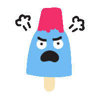 a blue and pink popsicle with an angry face and steam coming out of its eyes