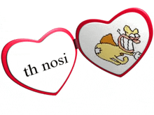 a heart shaped mirror with a picture of a cat and the words th nosi on it