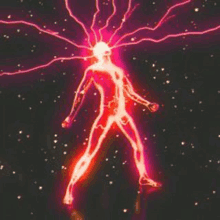 a man is standing in the dark with lightning coming out of his head and body .