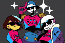 three cartoon characters wearing cool dude shirts pose for a picture