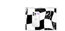 a white iphone is sitting on top of a black and white checkered flag on a computer screen .