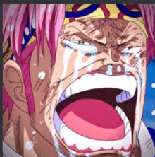 a cartoon character with pink hair is crying with his mouth open