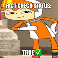 a cartoon character is giving a thumbs up and the caption reads " fact check status : true "