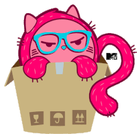 a pink cat wearing glasses is sticking its head out of a box