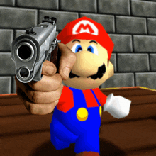 a cartoon character named mario is holding a gun