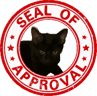 a seal of approval stamp with a black cat in the middle