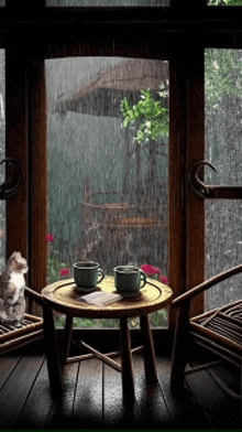 two cups of coffee on a table in front of a window with a cat looking out