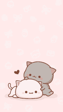 a couple of cats laying next to each other on a pink background with a heart .