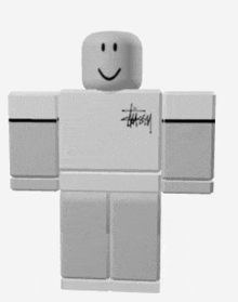 a roblox character is wearing a white shirt with the word stussy on it