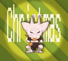 a pixel art of a cat dancing with the word christmas in the background .